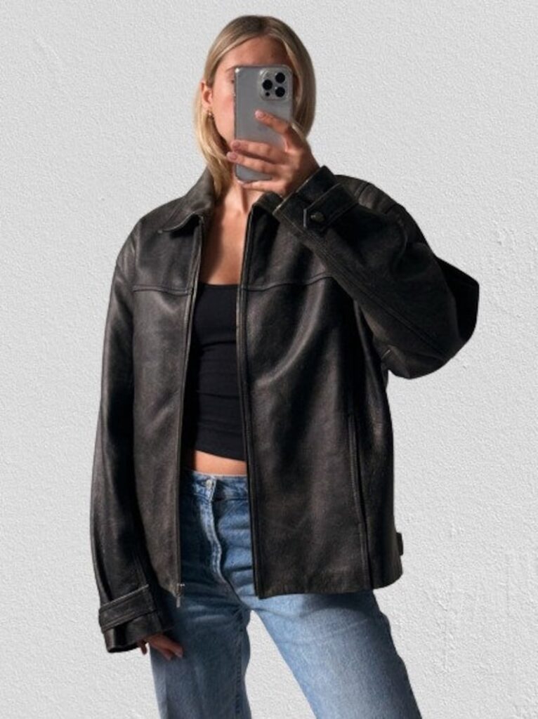 womens vintage oversized leather bomber jacket