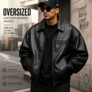 oversized black leather bomber jacket men streetwear