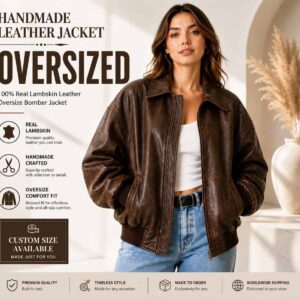 minimal brown oversized leather bomber jacket women