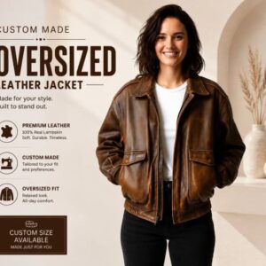 oversized brown leather bomber jacket women