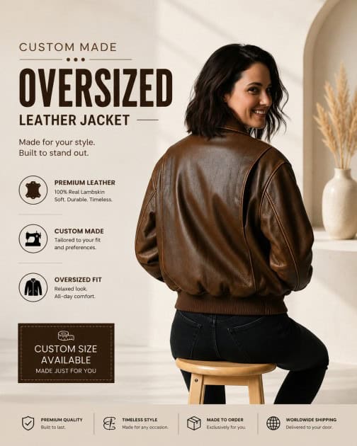 oversized brown leather bomber jacket women
