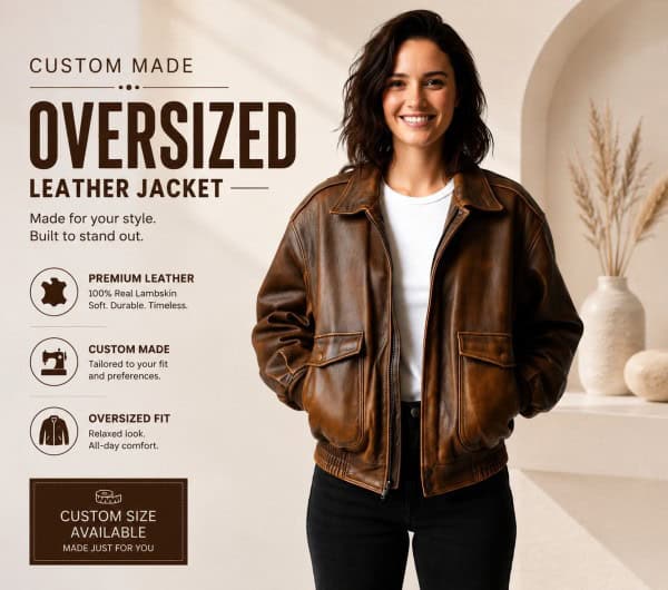 oversized brown leather bomber jacket women