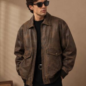 mens oversized brown leather bomber jacket