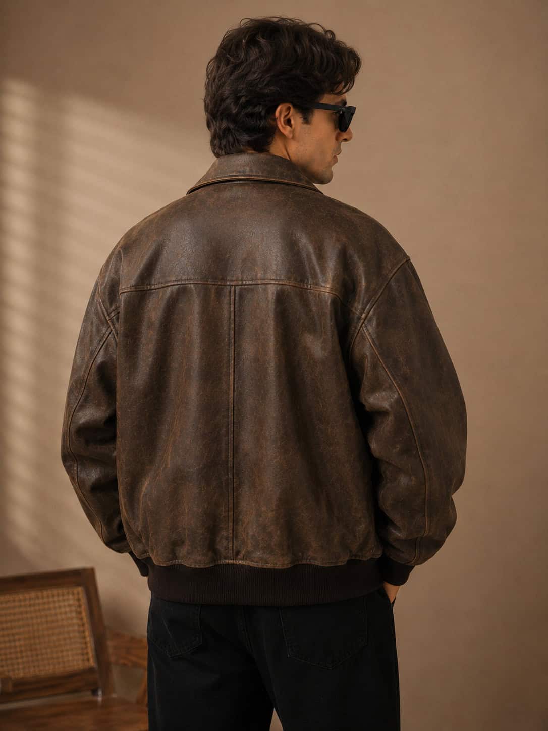mens oversized brown leather bomber jacket
