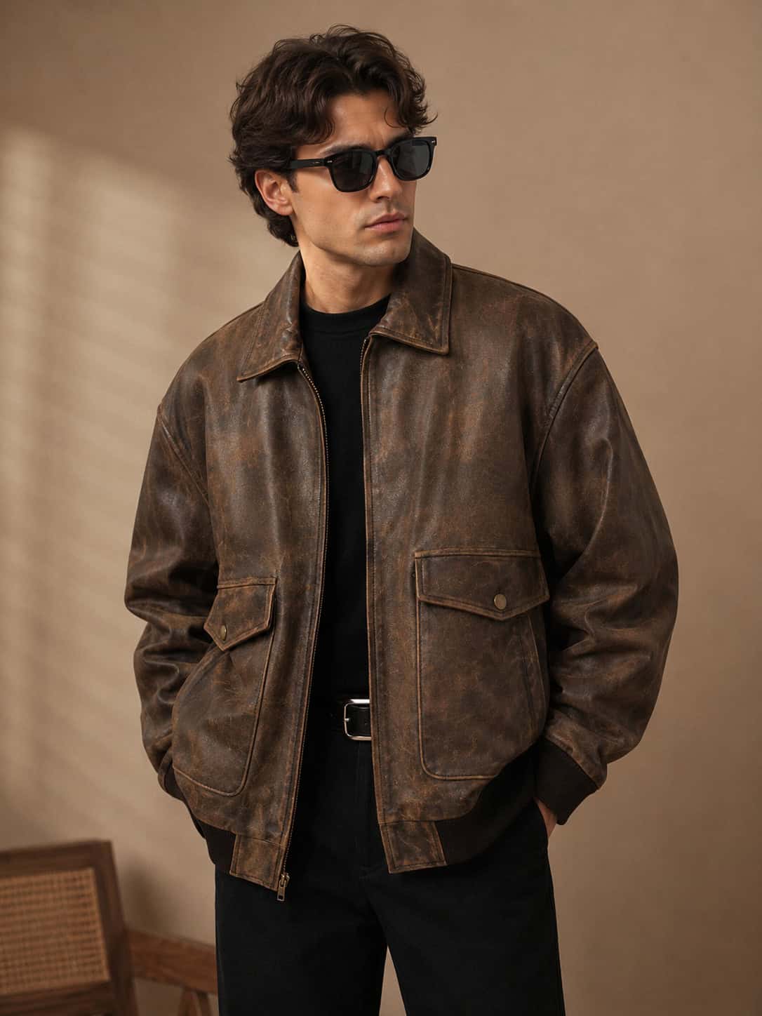 mens oversized brown leather bomber jacket