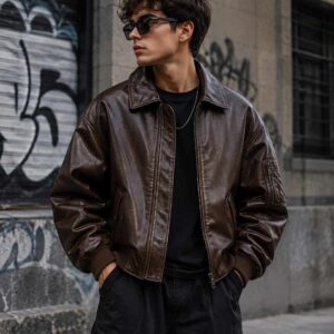 oversized brown leather bomber jacket men