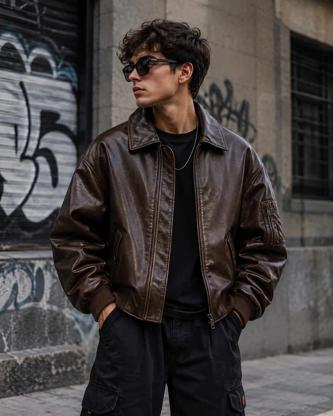 oversized brown leather bomber jacket men