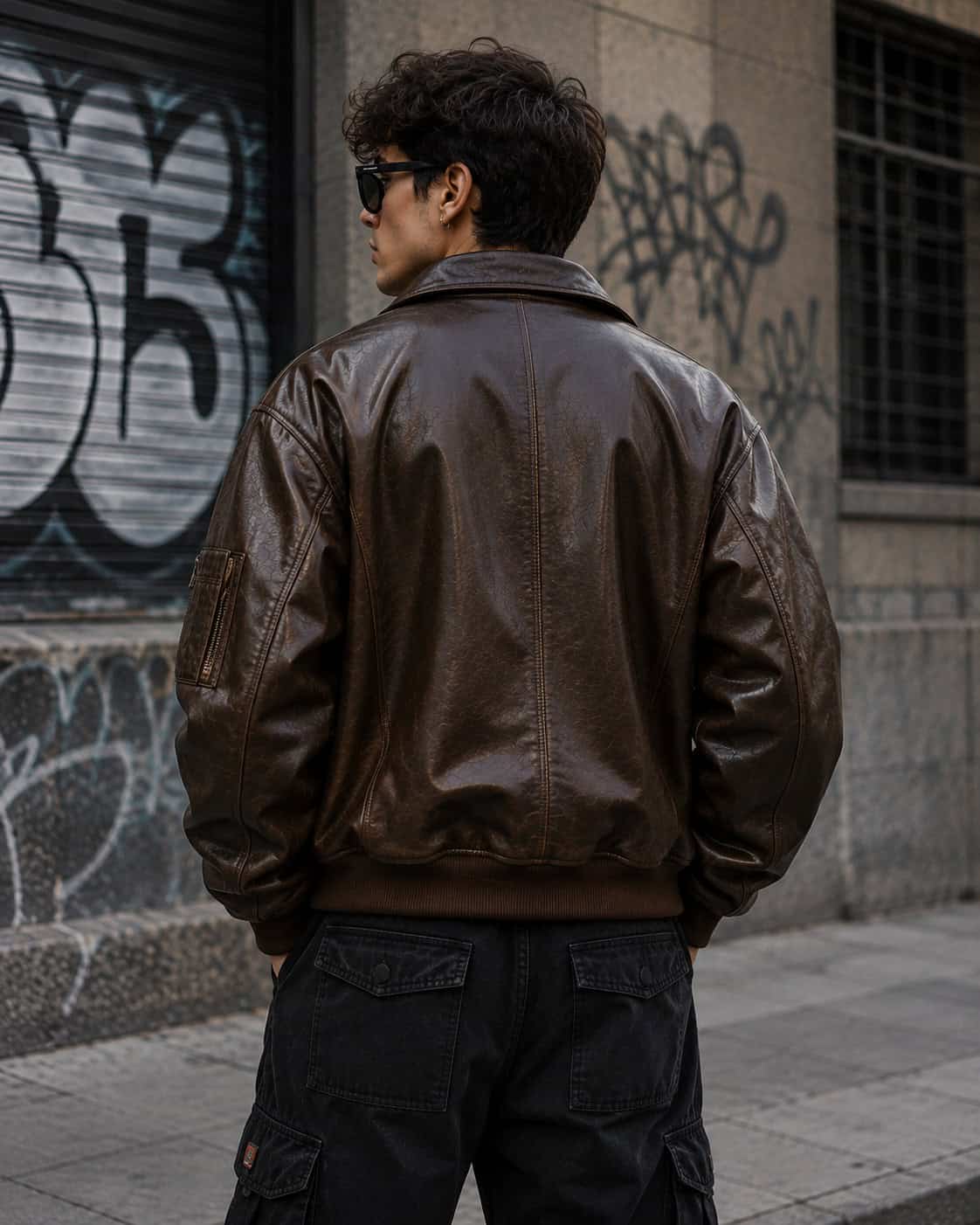 oversized brown leather bomber jacket men